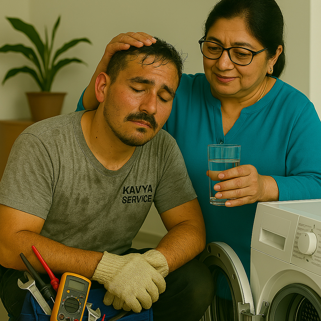 Customer assisting Kavya Electronic Service technician during appliance repair in Pune